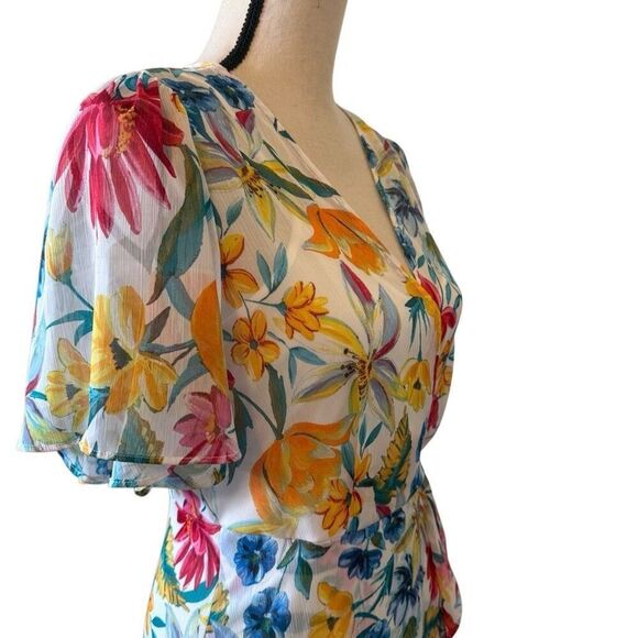 Calvin Klein White Floral Print Faux Wrap Flutter Slv Dress Sz 4 Fairycore - Picture 3 of 14